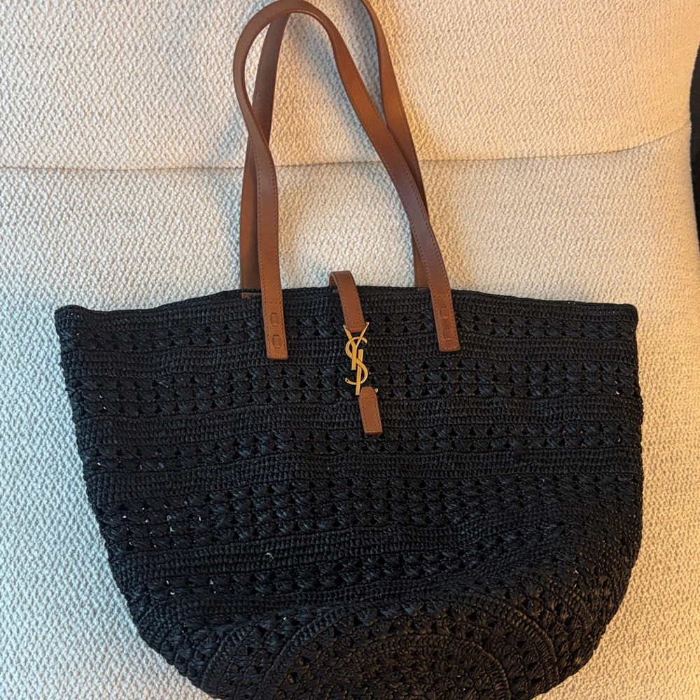 Yves Saint Laurent Black Crochet Tote with Brown Handles
